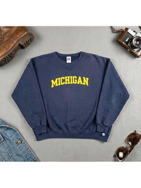 Vintage Russell Athletic Michigan Sweatshirt Crewneck Navy Blue XXXL 3XL Mens
